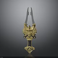 Golden Ornate Weapon With Phoenix Carving Detailed Blade And Intricate Handle