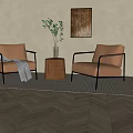 Modern Leisure Sofa Set With Brown Leather Chairs Metal Frame Wooden Stool And Green Plant