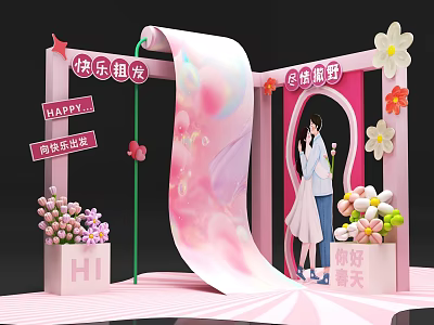 Pink Spring Photo Check In Spot With Scroll Decoration Flowers And Cartoon Couple 3d model
