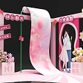 Pink Spring Photo Check In Spot With Scroll Decoration Flowers And Cartoon Couple