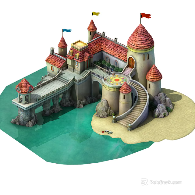 Cartoon Castle Scene With Red Spires Towers Bridge Sandy Beach And Small Boat 3d model 