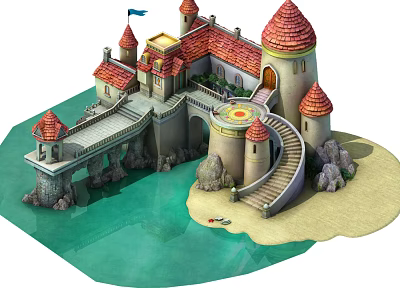Cartoon Castle Scene With Red Spires Towers Bridge Sandy Beach And Small Boat 3d model