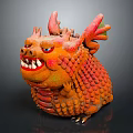 Game Movie Fantasy Monster Character With Orange Body Red Dragon Horns Sharp Fangs Scaly Skin