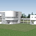 Modern Detached Villa With White Exterior Large Windows Green Lawn And Blue Sky