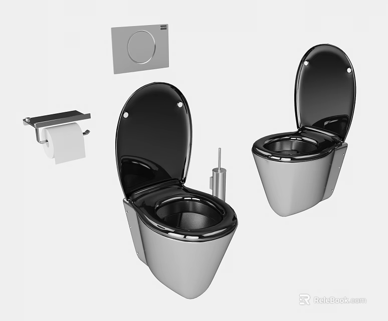 Wall Mounted Toilet with Black Lid Silver Body and Toilet Paper Holder 3d model 