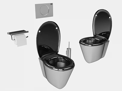 Wall Mounted Toilet with Black Lid Silver Body and Toilet Paper Holder 3d model