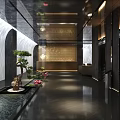 Modern Elevator Lobby Design With Decorative Plants Lighting And Polished Floor 3d model