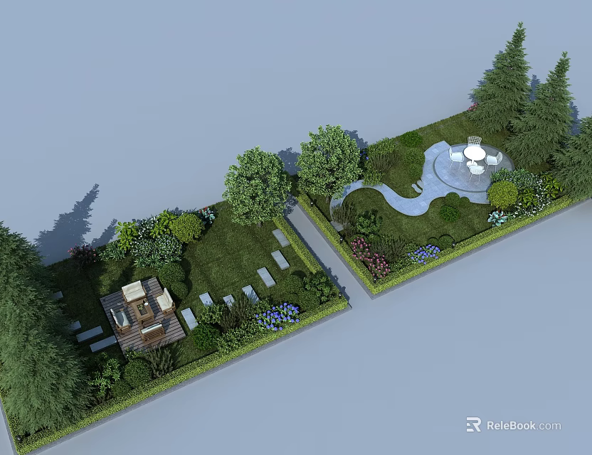 Lush Garden Shrubs With Green Lawn Stone Path Seating Area And Water Feature 3d model 