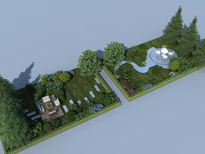 Lush Garden Shrubs With Green Lawn Stone Path Seating Area And Water Feature 3d model