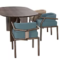 Modern Wooden Dining Table Set With Blue And Beige Upholstered Chairs