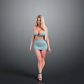 Blonde woman in light blue strapless top short skirt black high heels on gray background