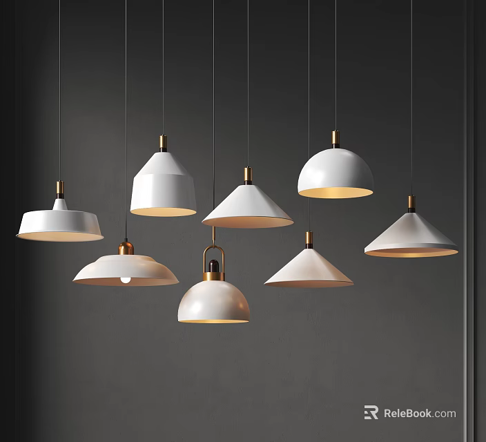 Multiple Modern White Chandeliers With Gold Accents Hanging In Stylish Design 3d model 