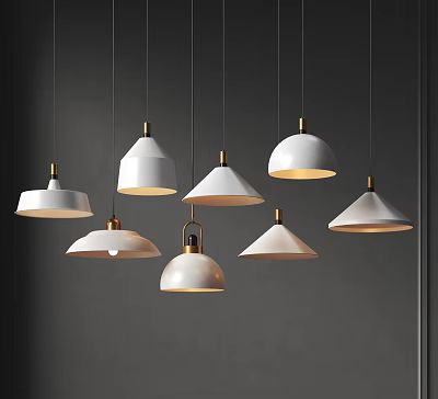 Multiple Modern White Chandeliers With Gold Accents Hanging In Stylish Design 3d model