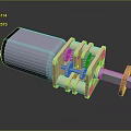 Mechanical Gear Motor Mechanism with Silver Cylindrical Housing Golden Gear Components and Red Connector