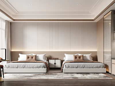 Modern Luxury Hotel Guest Room With Two Spacious Beds And Warm Elegant Interior Decoration 3d model