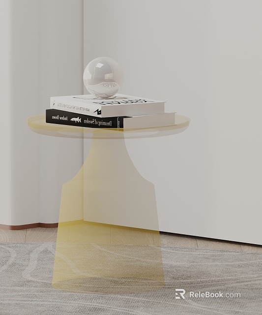 Minimalist Transparent Side Table Featuring Round Tabletop Stacked Books And White Sphere Decoration 3d model 