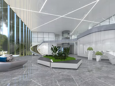Front Desk Reception in Modern Lobby with Glass Curtain Walls Spiral Staircase Green Plants and Sofas 3d model