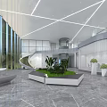 Front Desk Reception in Modern Lobby with Glass Curtain Walls Spiral Staircase Green Plants and Sofas