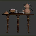 Traditional Chinese Tea Table With Copper Teapot Pastries Tea Cups And Decorative Mat