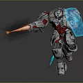 Robot Character With Blue Shield Arm Emitting Orange Beam And Silver Red Blue Mechanical Armor