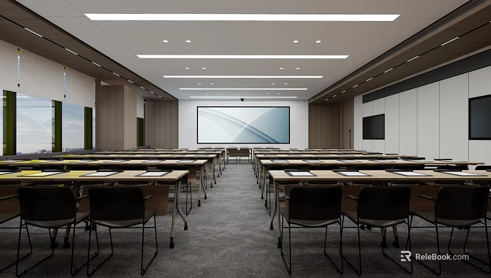 Modern Conference Room with Spacious Interior Arranged Tables and Chairs and Large Projector Screen 3d model 