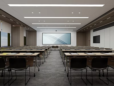 Modern Conference Room with Spacious Interior Arranged Tables and Chairs and Large Projector Screen 3d model