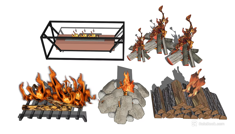 Outdoor Garden Fire Pit Decor With Stone Log And Metal Frame Design 3d model