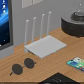 Modern Computer Workspace With Monitor Router Smartphone Wireless Earbuds And Mouse On Wooden Desk