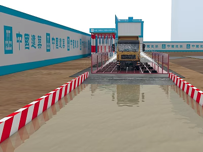 Construction Site Vehicle Washing Bay With Blue Fencing And Red White Warning Strips 3d model