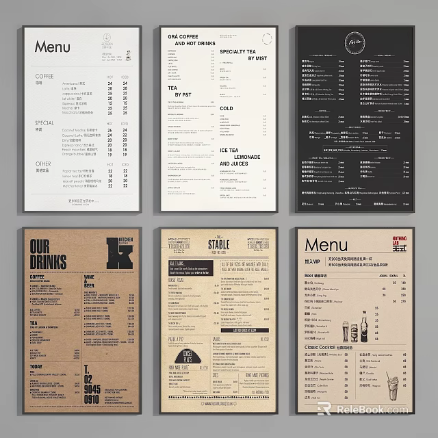 Various Menu Design Layouts Featuring Food Drink Sections And Vintage Modern Styles 3d model 