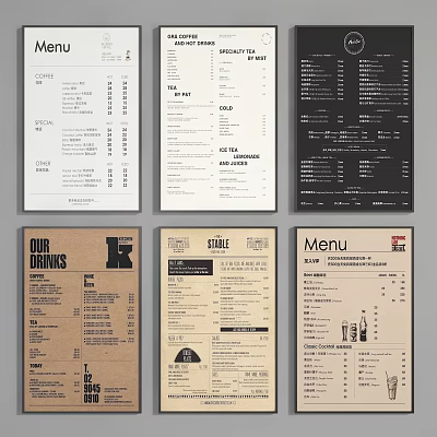 Various Menu Design Layouts Featuring Food Drink Sections And Vintage Modern Styles 3d model