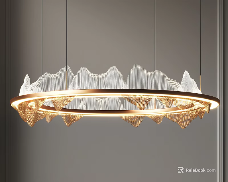 Modern Elegant Circular Chandelier With Glass Wave Shaped Edges And Warm Lighting 3d model 