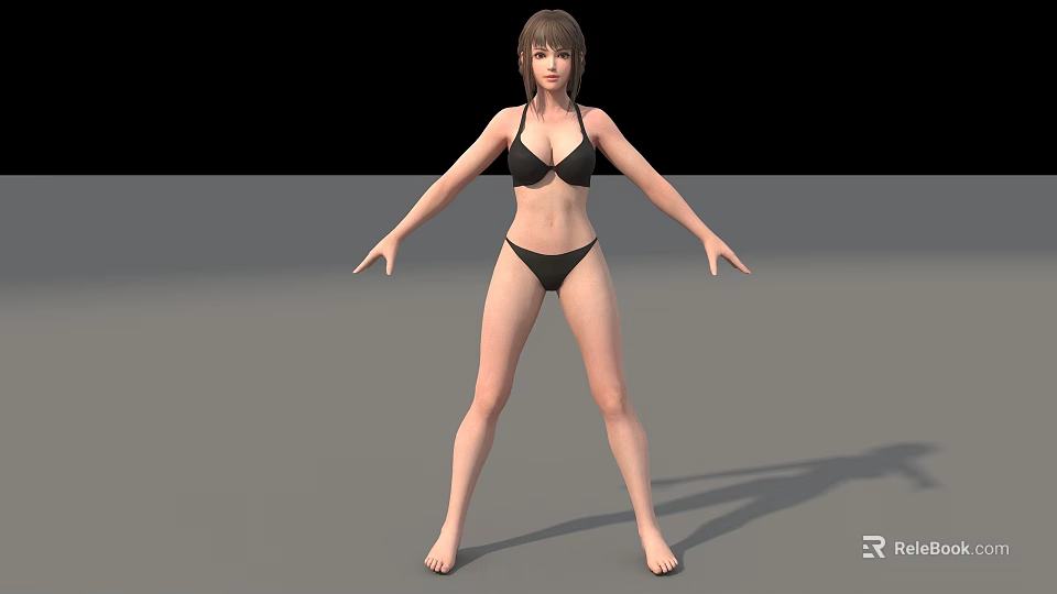 A Woman In Black Bikini Posing With Arms Outstretched On Grey Floor 3d model 