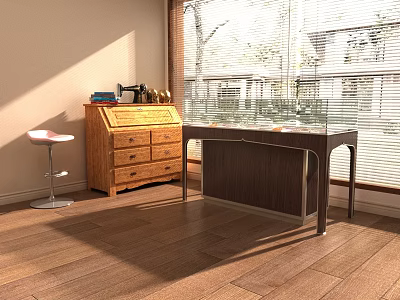 Home Office Interior With Wooden Chest Glass Top Desk Stool And Natural Light 3d model