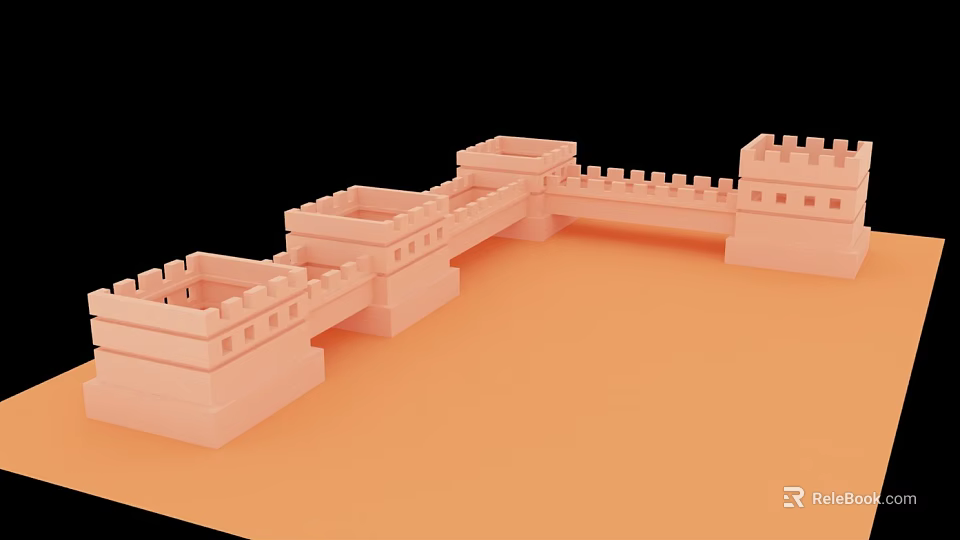 Cartoon Great Wall Scene With Pink Castle Towers And Orange Base 3d model 