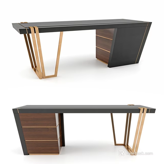 Modern Luxury Dining Table With Gold Metal Legs And Elegant Walnut Side Storage Cabinet 3d model 