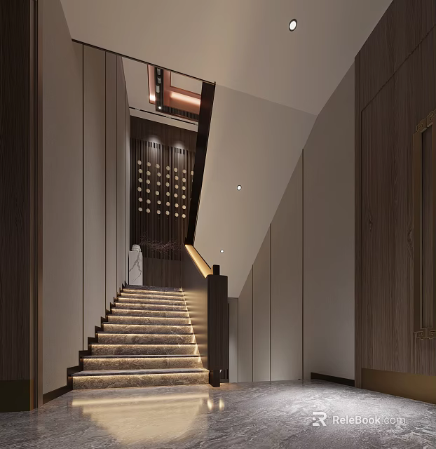 Elegant Modern Staircase Interior Design With Marble Steps And Wooden Railing 3d model 