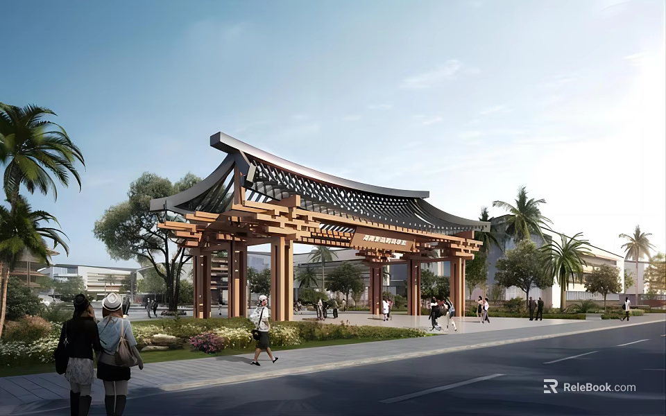 Traditional Chinese Entrance Gate With Classic Wooden Structure Ornate Eaves And Green Landscaping Nearby Pedestrians 3d model 