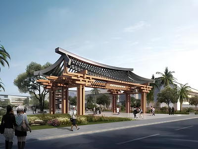 Traditional Chinese Entrance Gate With Classic Wooden Structure Ornate Eaves And Green Landscaping Nearby Pedestrians 3d model