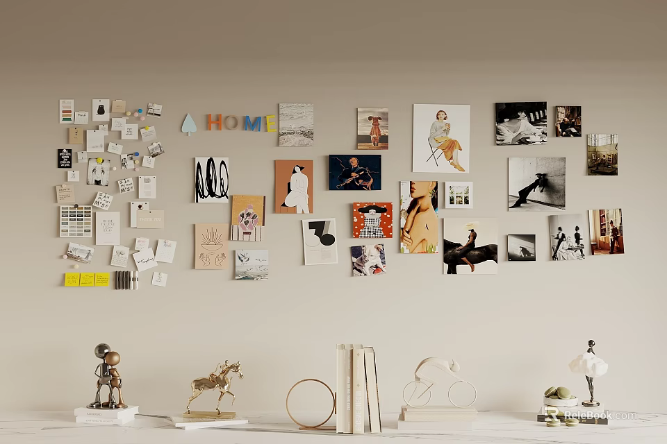 Photo Wall With Various Sizes Styles Photos Cards HOME Letter Decor And Decorative Items Below 3d model 