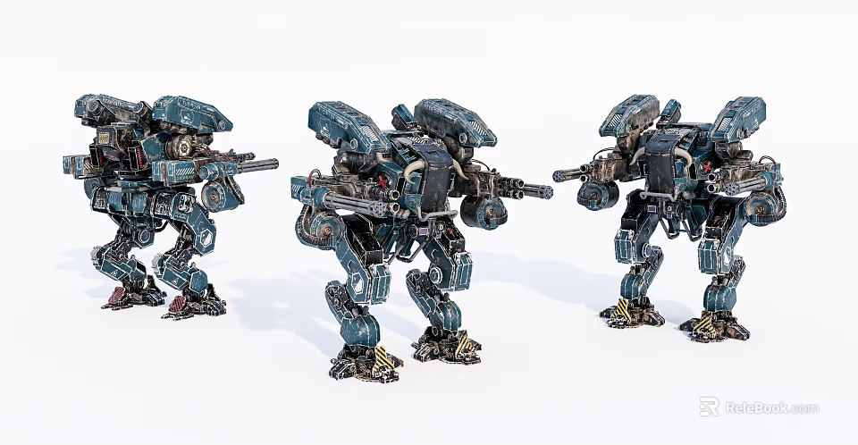 Three Blue Smart Machines Mecha Robots With Weapons In Standing Posture 3d model 