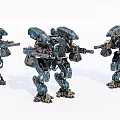 Three Blue Smart Machines Mecha Robots With Weapons In Standing Posture