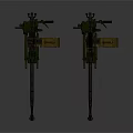 Two Military Machine Guns with Green Barrels Yellow Magazines and Mounts