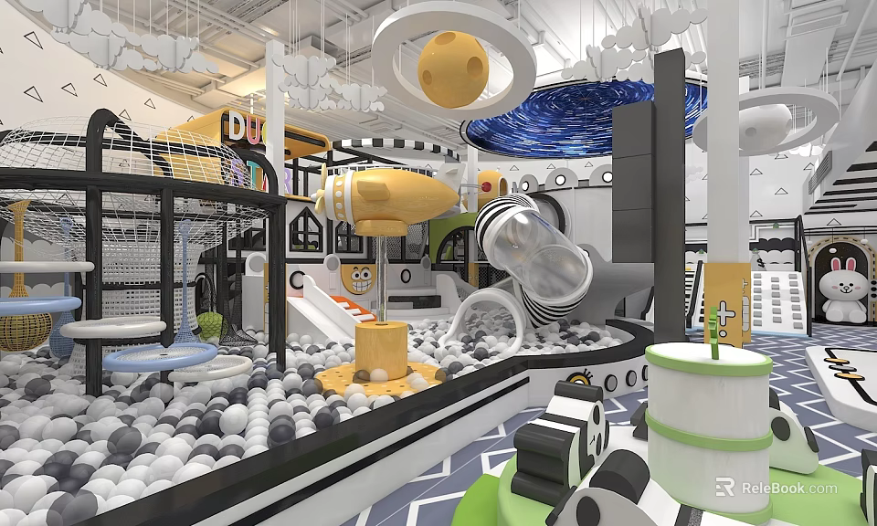Colorful Children's Playground With Ball Pit Slide Climbing Structure And Space Theme Decorations 3d model 