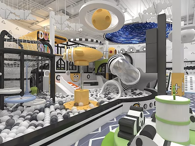 Colorful Children's Playground With Ball Pit Slide Climbing Structure And Space Theme Decorations 3d model