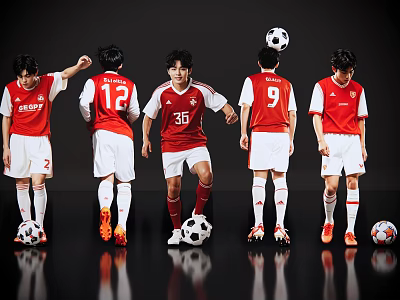 Group of Men Wearing Red Jerseys and White Shorts with Soccer Balls Against Black Background 3d model