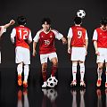 Group of Men Wearing Red Jerseys and White Shorts with Soccer Balls Against Black Background