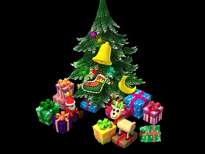 Festive Christmas Tree Adorned With Colorful Gifts Bell And Holiday Stockings 3d model