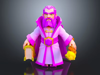 3D Cartoon Purple Wizard In Pink Robe Holding Yellow Book And Golden Scroll 3d model