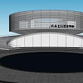 Modern Museum Building Design With Sleek Glass Facade Circular Plaza And Green Lawn